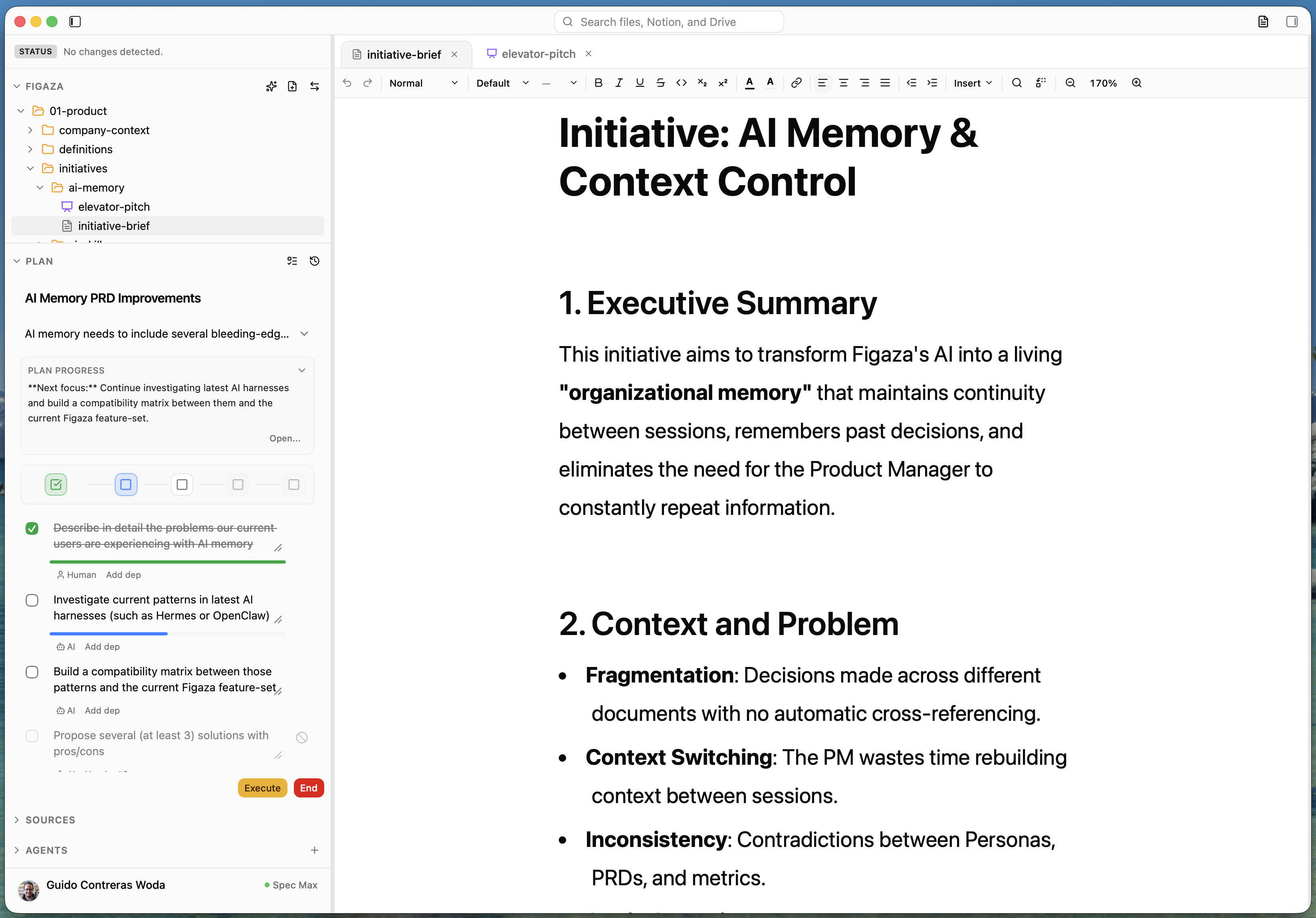 Figaza Plan panel with checklist and related product decisions